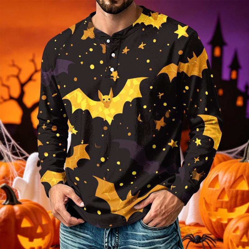 Men Henley Long Sleeve T‑Shirt Halloween 3D Print Pumpkin Ghost Bat Spider Web Graphic Holiday Party Casual Tee
