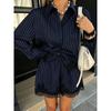 Women Lace Splicing Striped Long Sleeve Shirt And Drawstring Shorts Two Piece Set
