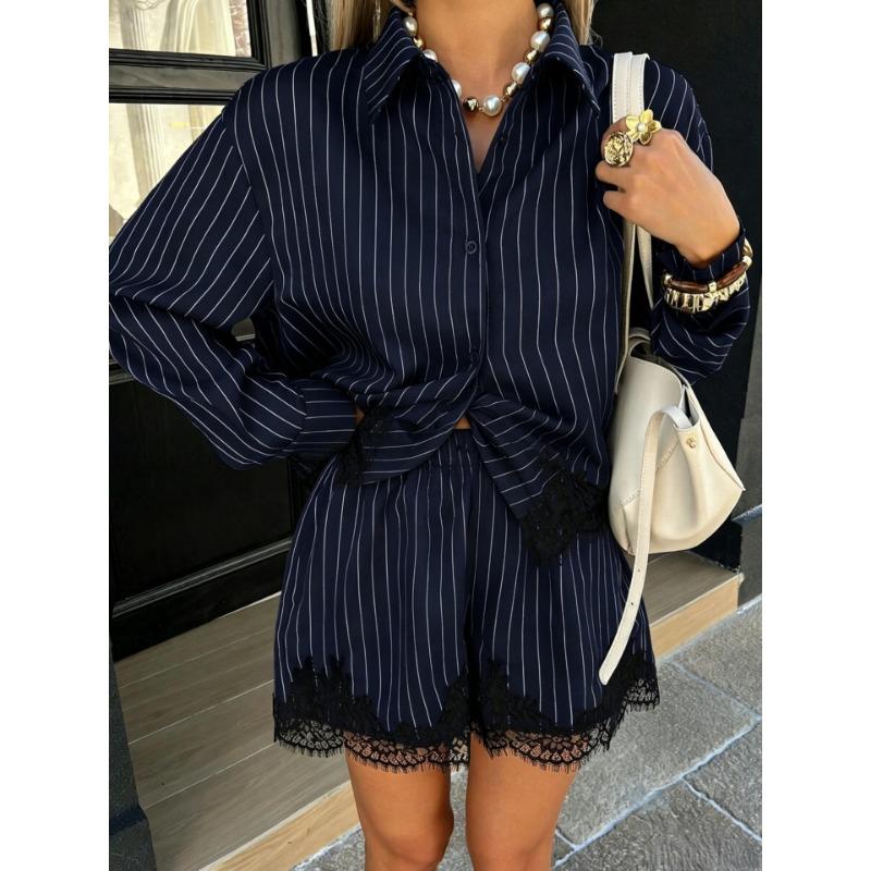 Women Lace Splicing Striped Long Sleeve Shirt And Drawstring Shorts Two Piece Set