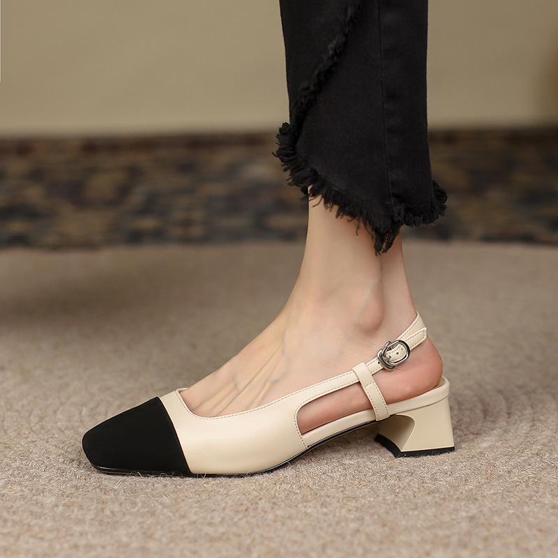 Xiaoxiangfeng Baotou Sandals Women's 2025 New Summer Versatile Medium Heel Back Empty Women's Shoes Coarse Heel Color Matching Shoes