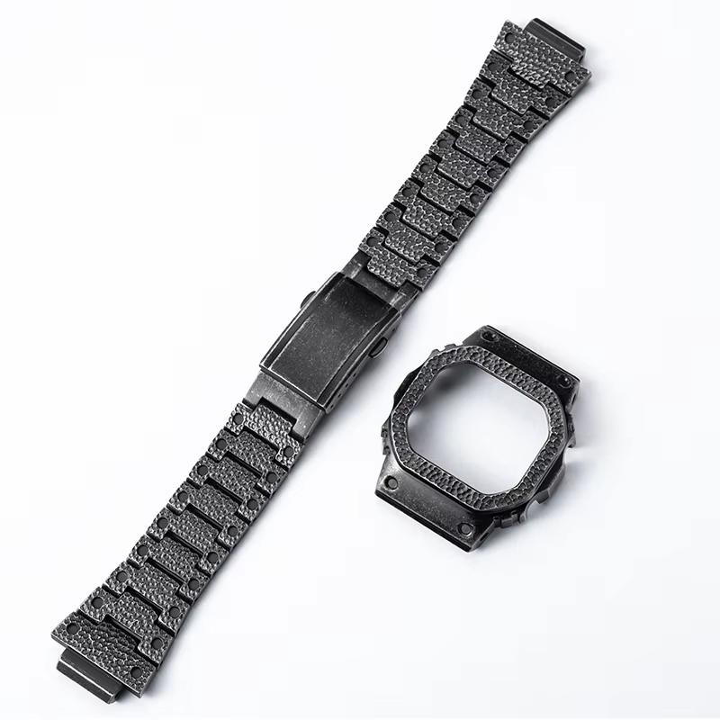for Casio G-Shock Mod Kit DW5600 GW-B5600 GA2100 GMWB5000 | Titanium/Stainless Steel Metal Case & Strap | Hammer Pattern Bezel