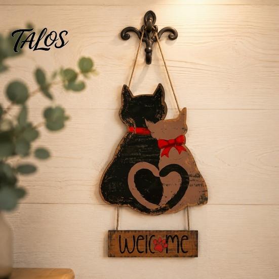 Farmhouse Style Wall Ornament Wooden Hanging Welcome Sign for Front Door, Romantic Cat Couple Holiday Porch Pendant, Rustic Decor Outdoor Entryway