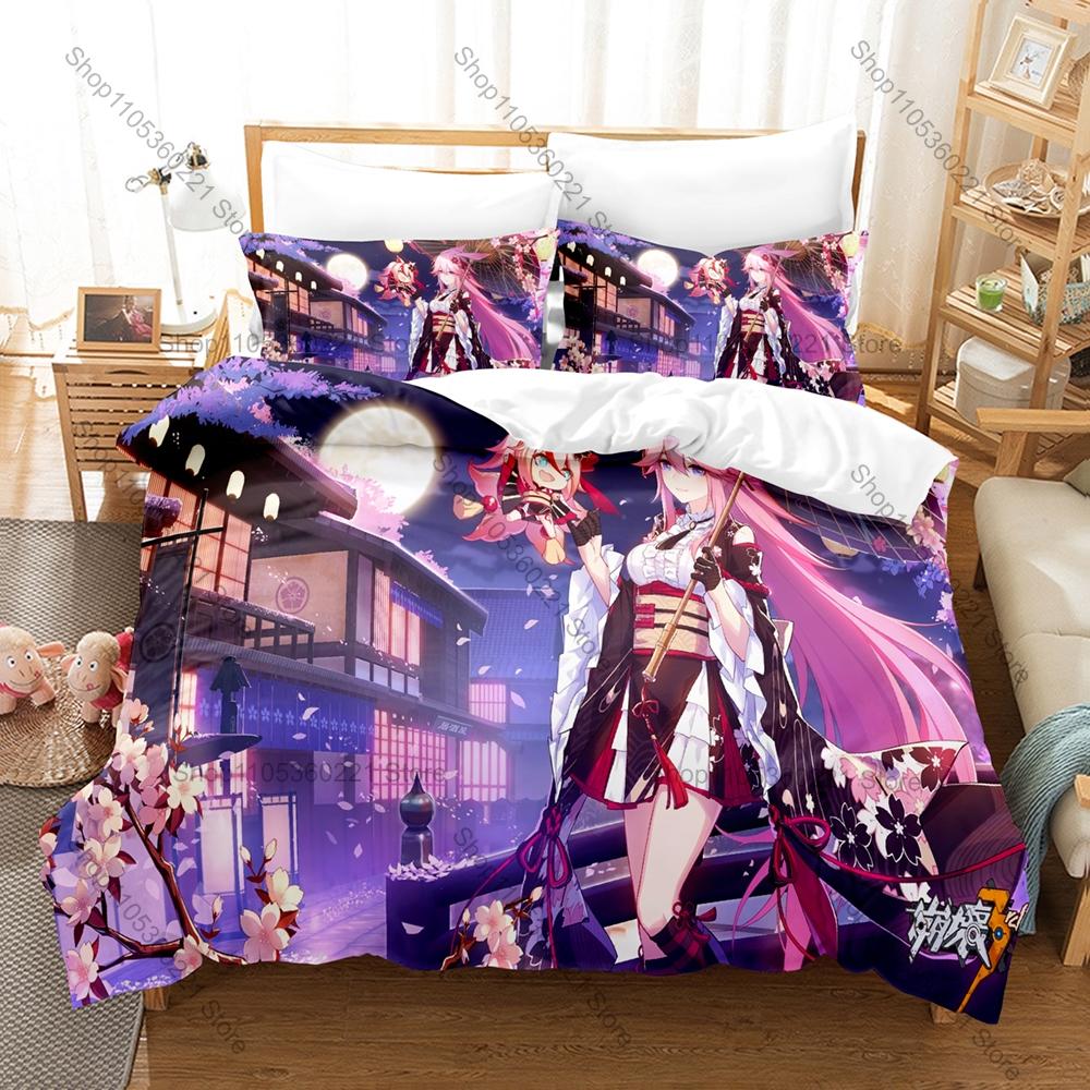 Honkai Impact 3 Bedding Set Duvet Cover + 2 Pillowcases Valkyrie Kiana Mei Bronya Anime Game Bedroom Decor