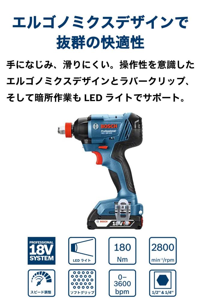 Bosch Professional 18V Cordless Impact Driver with Wrench and Carrying Case (2.0Ah Battery, Charger, Included) GDX18V-180