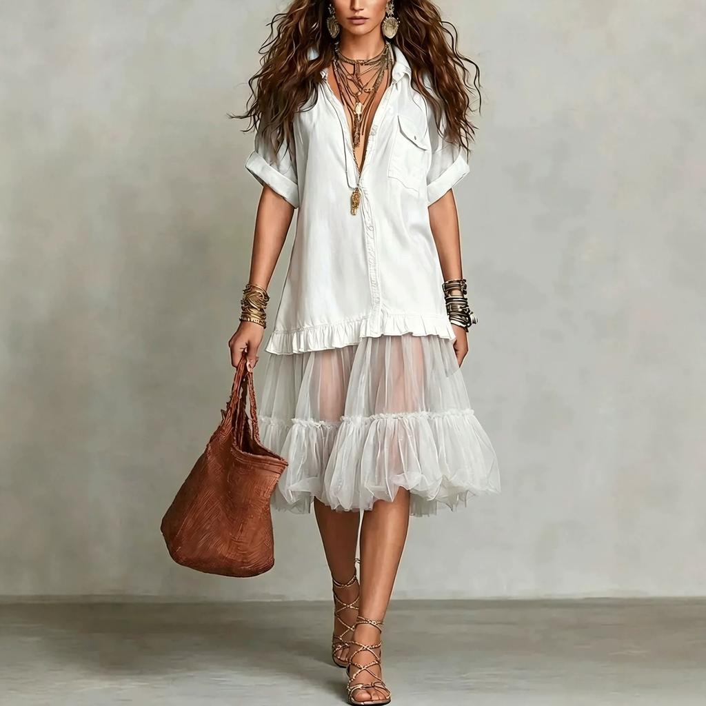 European and American women's bohemian imitation denim splicing mesh dress