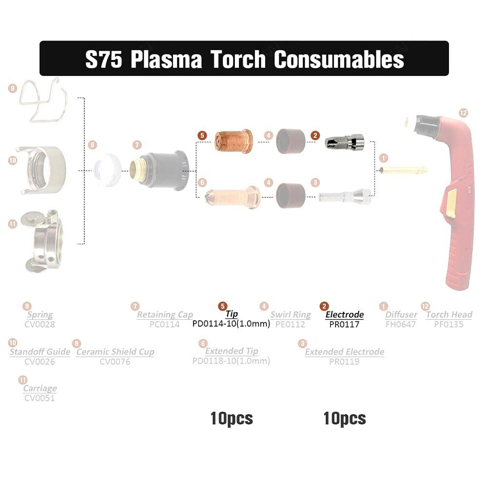 20pcs PR0117 Plasma Electrode PD0114-10 Tips 1.0mm for Trafimet S75 Cuting Torch