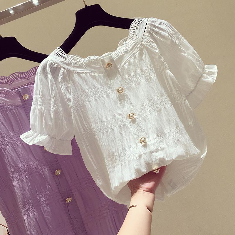 

Женская фиолетовая шифоновая блузка с коротким рукавом, новинка лета 2025 года, корейский стиль, милый модный кукольный приталенный топ Large фиолетовый