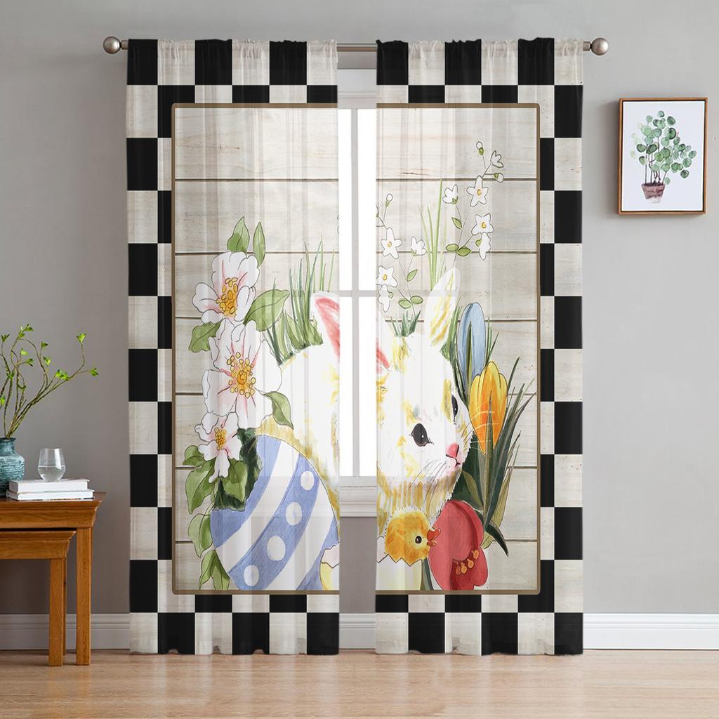Easter Spring Colored Egg Bunny Sheer Tulle Window Curtains For Living Room Bedroom Kitchen Veiling Curtain Home Decoration