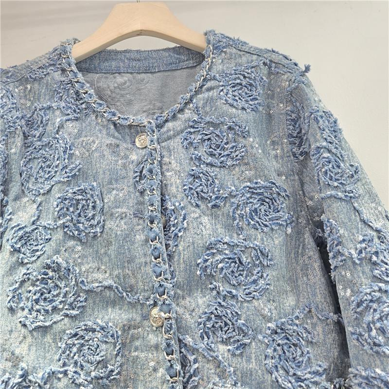 2026 Stylish Women's Korean Embroidered Jacquard Denim Jacket - Elegant Spring/Autumn Top
