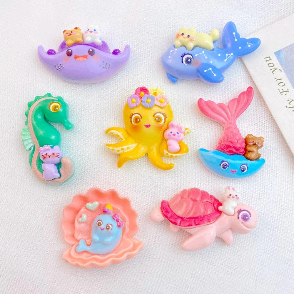 7Pcs New Cute Mini Cartoon Whale, Octopus, Turtle, Seahorse Series Flat Back Ornament Jewelry Bows Accessories