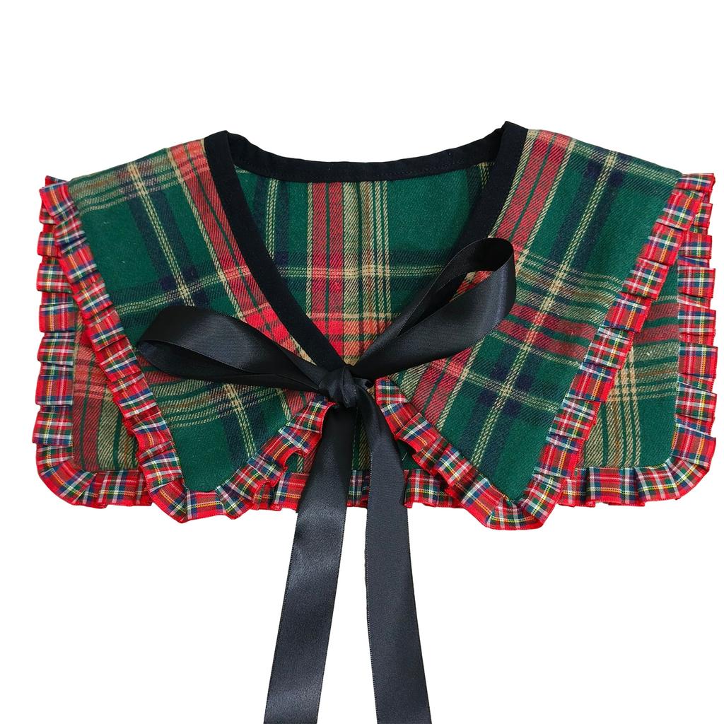 Women Vintage Checkered Plaids False Collar Sweet Ruffled Trim Elegant Lapel Shawl Scarf Bows Tie Mini Ponchos Capelet