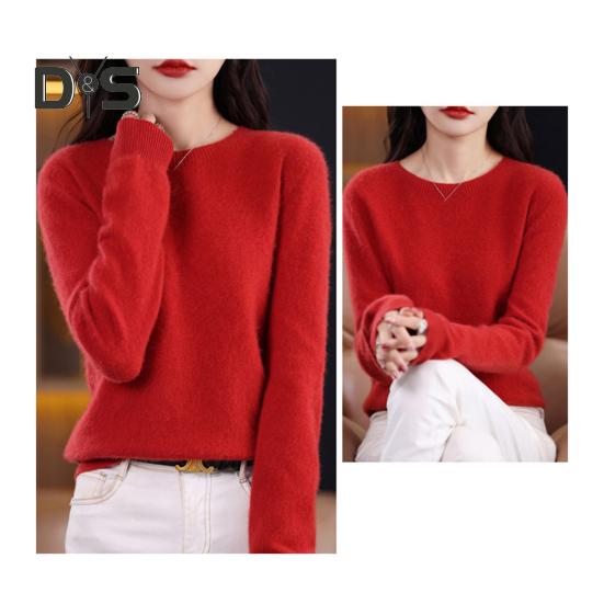 Women Bottoming Sweater Imitation Cashmere Crew Neck Sweater Long Sleeve Solid Color Slim Fit Ribbed Trim Knitting Tops