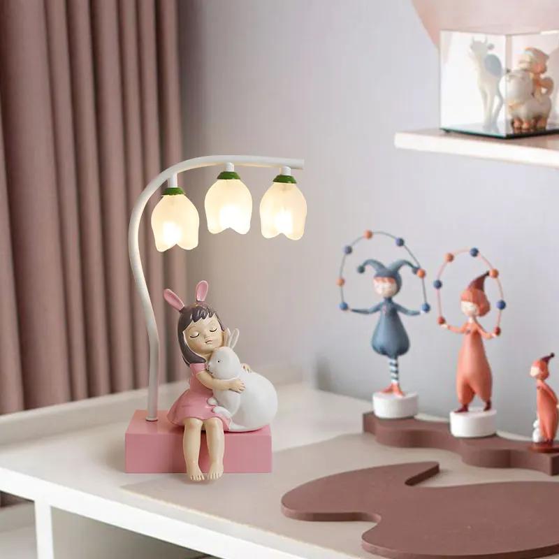 Children's Room Table Lamp Bedroom Bedside Lamp Girl Cute Creative Gift Cartoon Rabbit Princess Warm Eye Protection Desk Lamp