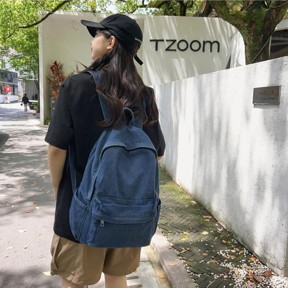 Fashion Lightweight Denim Backpack Large Capacity Multi-pocket Shoulder Bag Solid Color School Bag Women