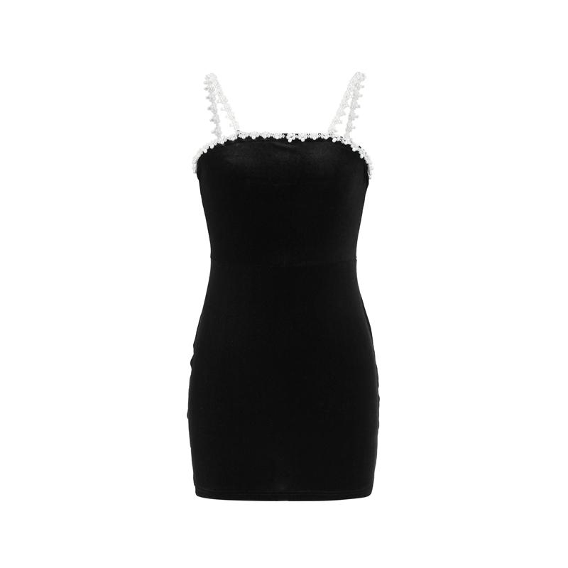 Černé sametové dámské minišaty s kamínkovou ozdobou Elegantní bez rukávů s vysokým pasem Áčkového střihu Šaty na ramínka Dámské večerní společenské šaty Župany