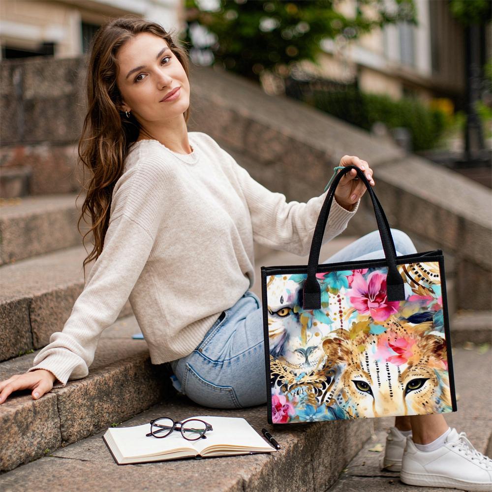 Floral Lion Pattern Tote Bag Fashion Large Capacity Shoulder Handbag for Daily Use