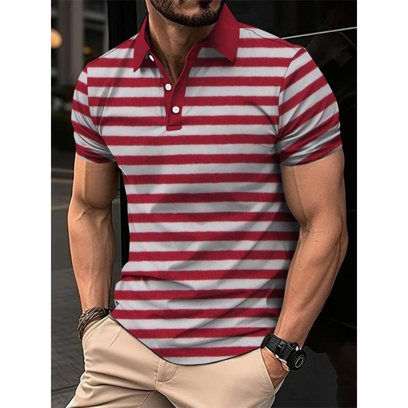 Summer Men's Short Clothes Sleeved Lapel 3D Digital Printed Striped Polo Shirt Man's Business Casual Top Clothes Oversized