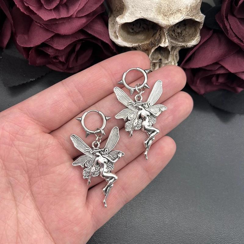 Dark Academia Spiked Hoops: Moth & Fairy Angel Gothic Earrings, Y2K Aesthetic Jewelry