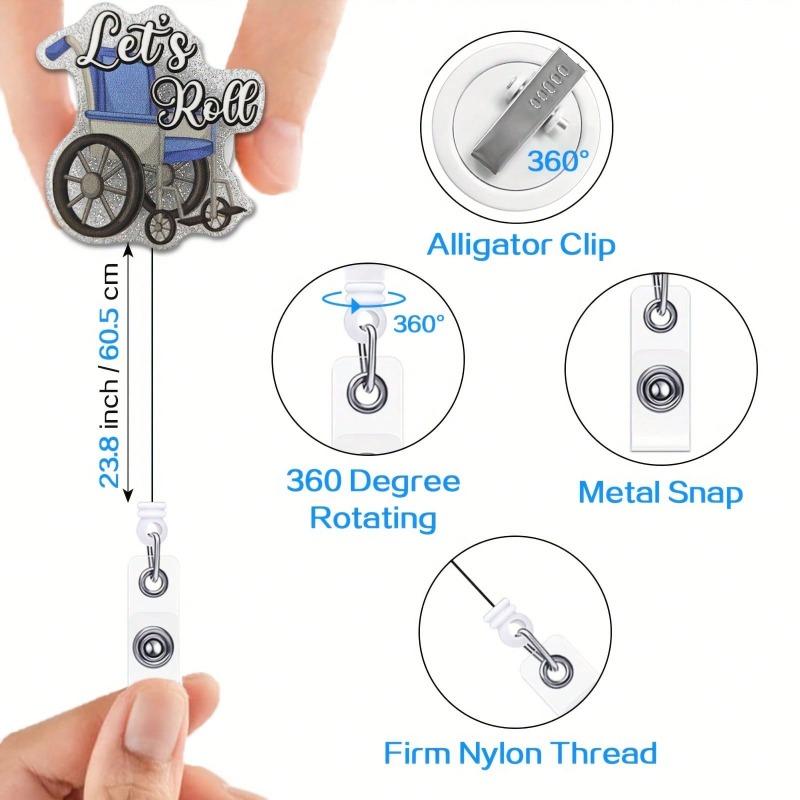 Nurse Retractable Badge Reel with Alligator Clip Let's Roll ID Card Badge Holder for Patient Transport Funny Wheelchair Silver Glitter Badge