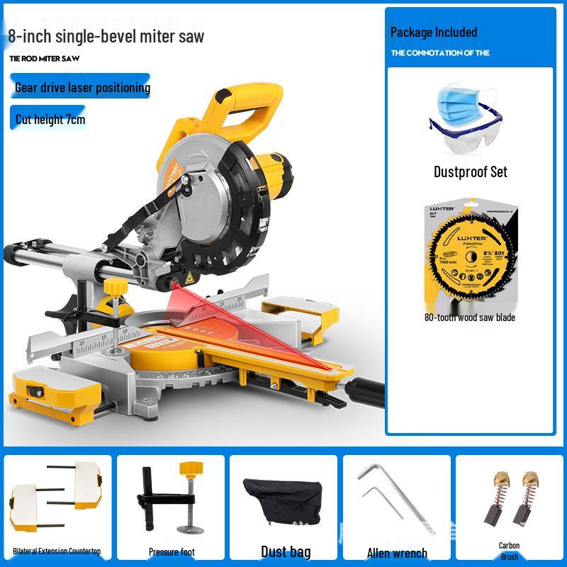 LUXTER 8-inch Sliding Compound Miter Saw with Single Bevel, Aluminum Cutting, Laser Guide, and 45° Woodworking Capability.