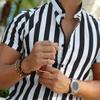 Men Shirt Stripe Contrast Color Stand Collar Single-breasted Summer Top for Work