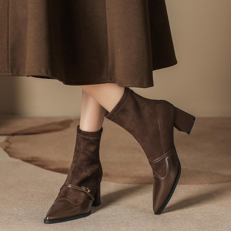 

Осень и зима новые короткие ботинки ретро острый носок пряжка на ремешке толстый каблук модные ботинки женские средней длины голенища замшевые вставки 35