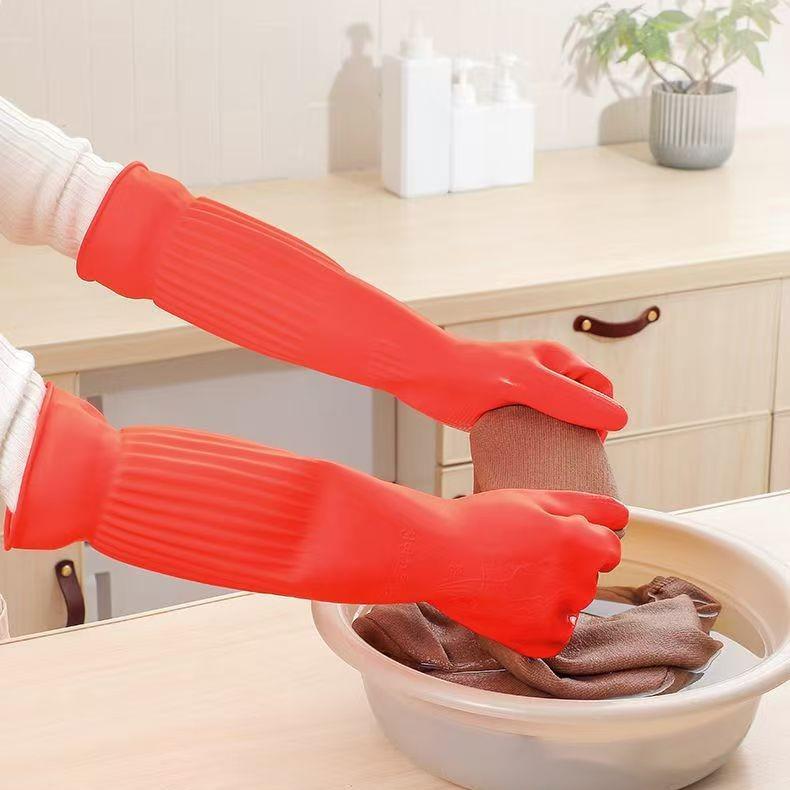 Women's Cold-Resistant Plush Dishwashing Gloves - Long, Thickened Rubber Latex for Kitchen & Laundry