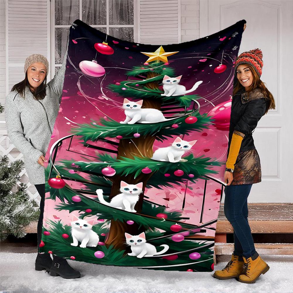1pc Christmas Tree Cats Outdoor Flannel Blanket , Machine Washable Perfect Gift for Birthday , Holiday Travel Accessory , Durable Material