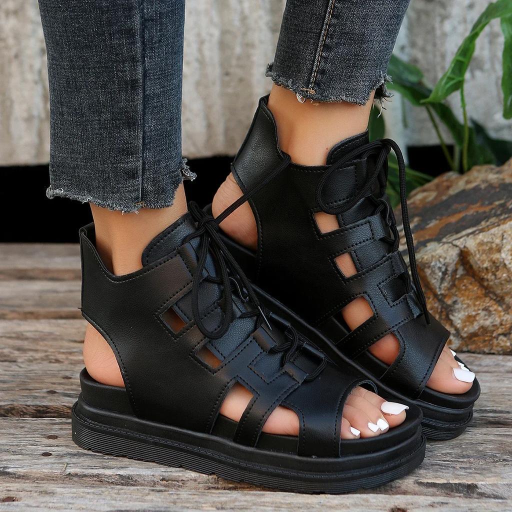 Mode Retro Dam Plattformssandaler Pu Läder Ihåliga Snörskor Kilklackar Gladiator Sko Peep Toe Slingback Tjock Sula Cool Stövel Sandaler