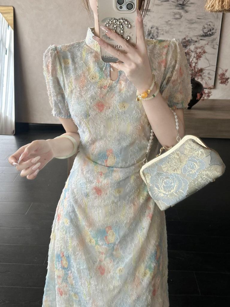 2026 Summer Floral Print Qipao Dress - Slimming Waist, Gentle Style Women's Skirt