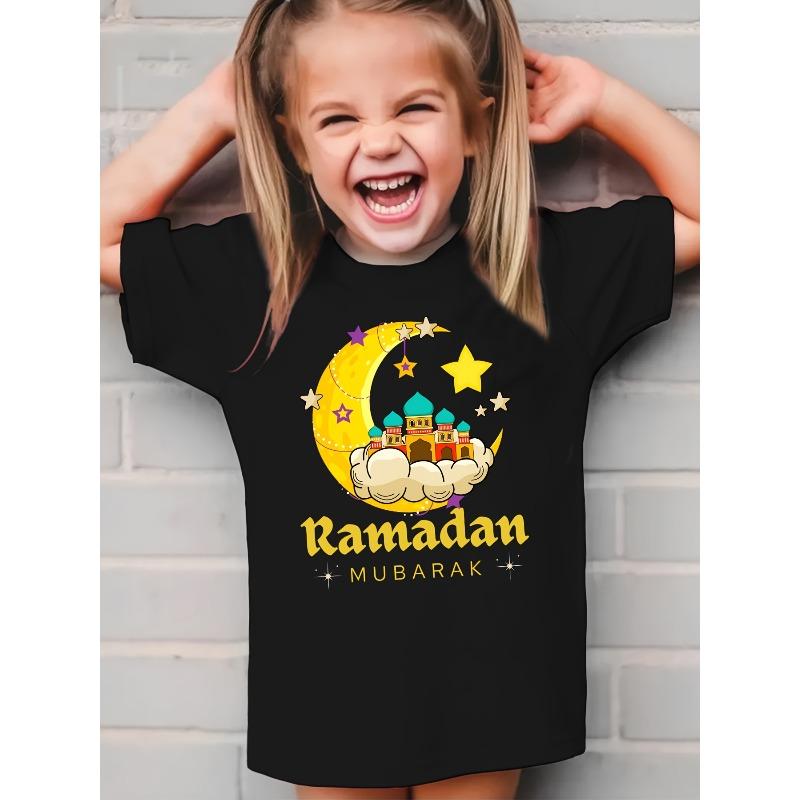 Европейские размеры Девочки Летняя/Фестивальная футболка с коротким рукавом для Рамадана/ Ramadan Mubarak  Надпись/Принт Замок с Луной 98cm
