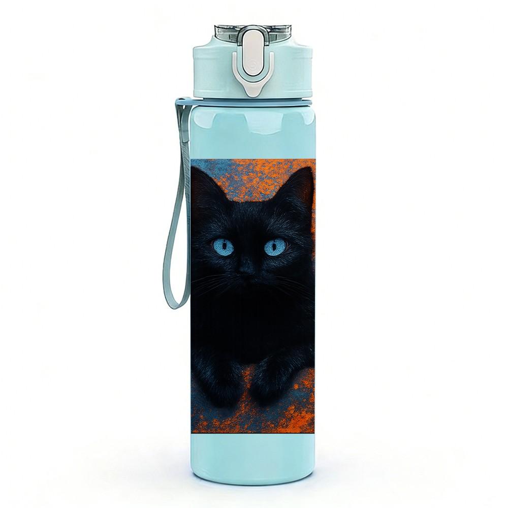 1PC Solid Black Cat Face Portrait Print 750ml Color Plastic Sports Water Bottle Leakproof Flip Straw Lid Suitable for Sports Office Home Use