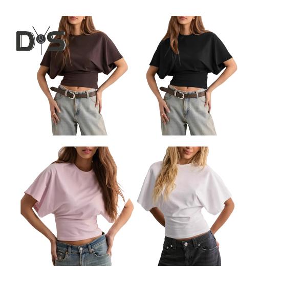 Dámské jednobarevné tričko s kulatým výstřihem Prodyšný ležérní top Letní pulovr s krátkým rukávem na práci, pro každodenní nošení, na večírky