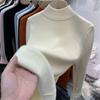 Korean Half High Collar Slim Thick Knitted Pullovers Women Winter Plus Velvet Warm Sweaters Solid Casual Fleece Lined Jumpers