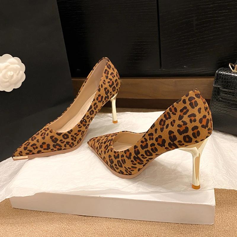 Women's Fashion Thin Heel Shoes Autumn New Pointy Suede Leopard Print Slip-on Anti-slip Wear-resistant High Heels