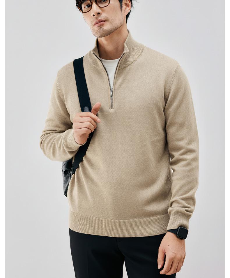 Luxurious, Soft, and Skin-friendly Men's Slim-fit Half-zip Stand-collar Wool Sweater; Thickened for Warmth In Autumn and Winter.