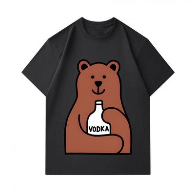 Men's 100% Cotton Crew Neck Short Sleeve T-Shirt, Funny Cartoon Bear Hold Vodka Print Casual Lightweight Breathable Summer Top, Comfortable Daily Wear