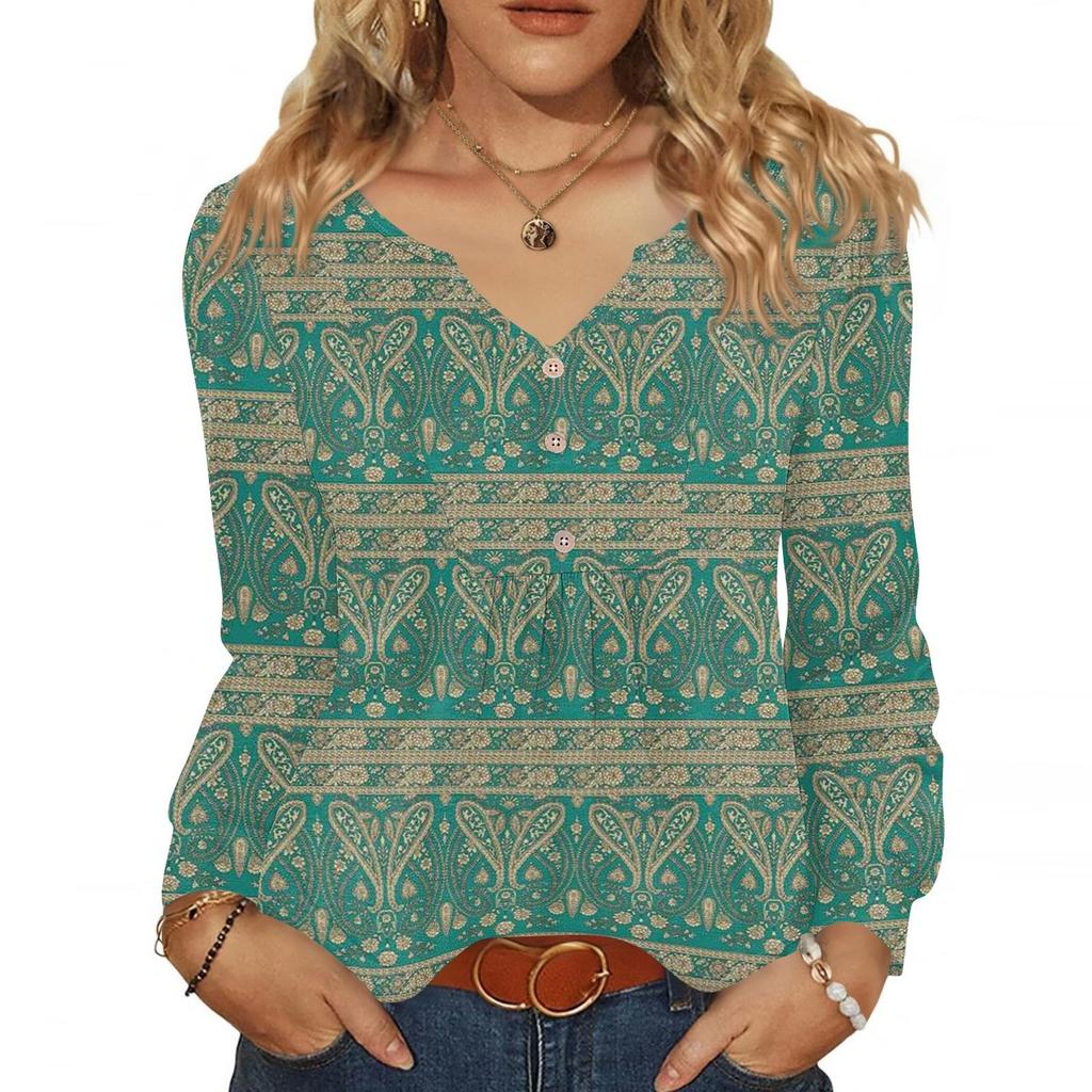 Women's Fashionable Casual V-neck Blouse Button Long-sleeved Pullover T-shirt Top