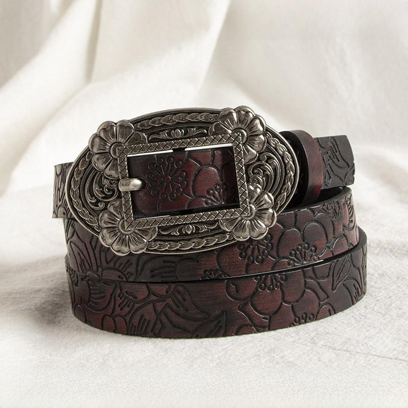 Oldworld Inspired Faux Leather Belt With Engraved Pattern And Pin Buckle For Women