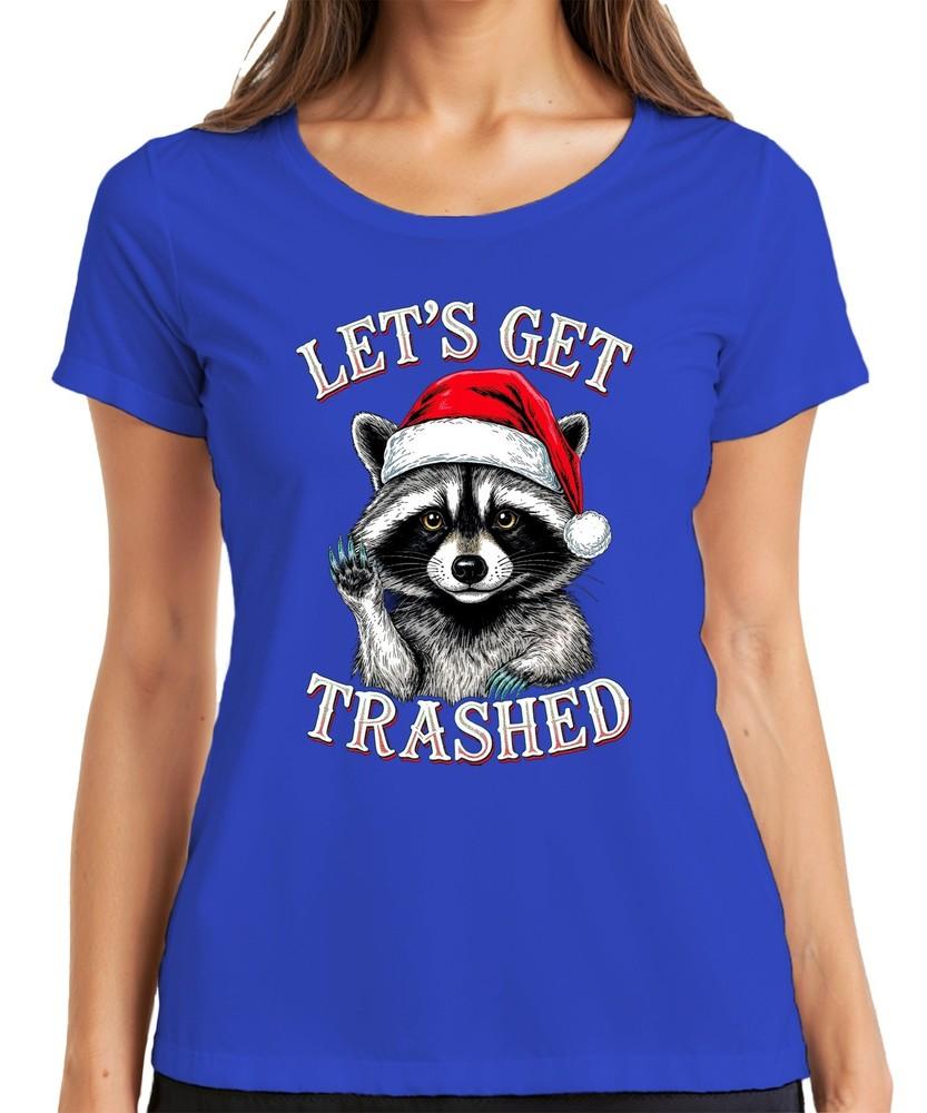 Lets Get Trashed Christmas Raccoon Santa Hat Party Funny Ladies Tshirt