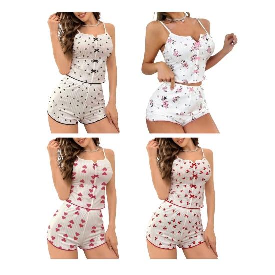 Damen Geripptes Cami Pyjama-Set Niedlicher Aufdruck Ärmelloses Crop-Top Und Shorts 2-teilige Nachtwäsche Sommer Weiches Pyjama-Lounge-Set