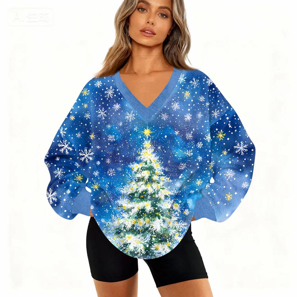 Damenmode Lässig Langarm Weihnachten Bedruckt V-Ausschnitt Oberteil Sweatshirt