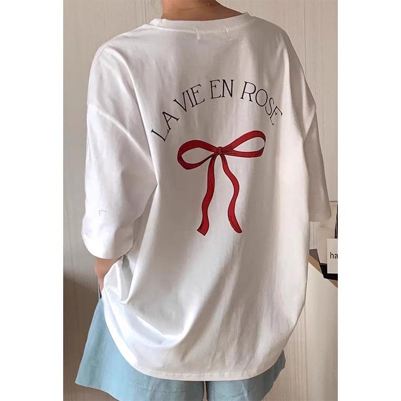 

2025 Women s White Japanese Bow Print Casual Loose Summer T-shirt M абрикосовый