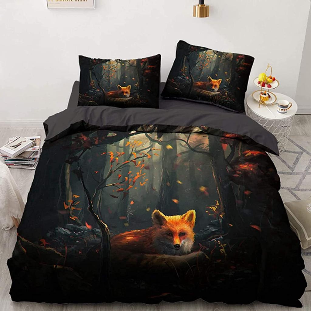 Cartoon Fox Duvet Cover Set Cute Kawaii Wild Animals King Queen Size Polyester Comforter Cover With Pillowcase For Kids Teens