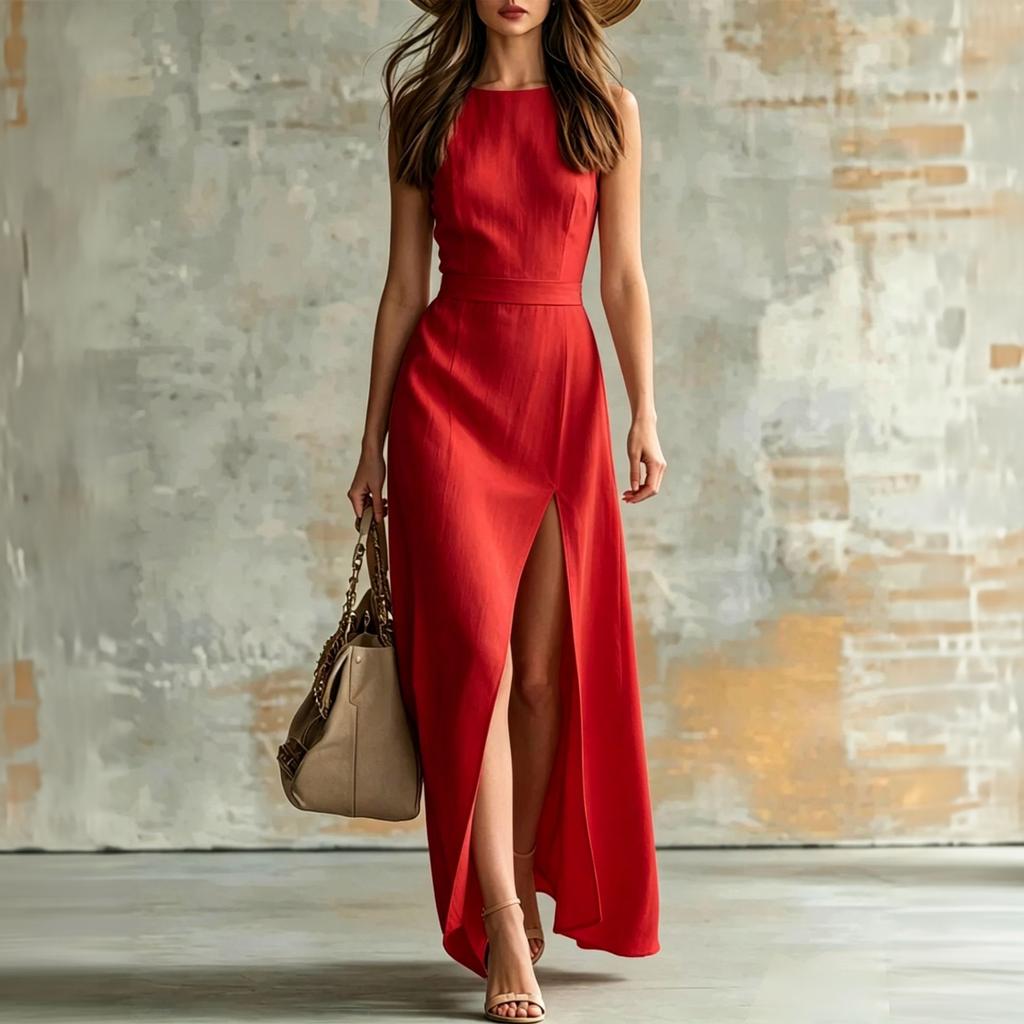 Ärmelloses eng anliegendes Maxikleid mit Taillenzug und Schlitz vorne Langes Baumwoll-Leinen-Mischkleid für Damen Sommer Freizeit