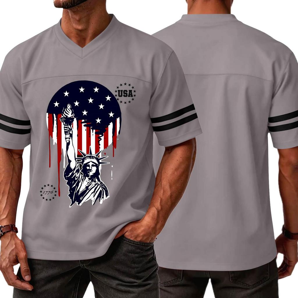 Men's Casual V Neck Short Sleeve Sports T Shirt Independence Day Printed Graphic Tee USA Lettering Athletic Top