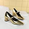Women's Shoes with Thick Heel, Shallow Mouth, Square Toe, Rhinestone Buckle, Straight Strap, Single Shoe for Women