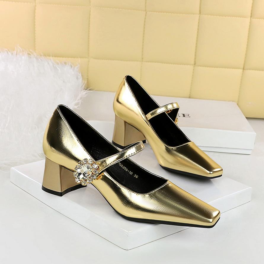 Women's Shoes with Thick Heel, Shallow Mouth, Square Toe, Rhinestone Buckle, Straight Strap, Single Shoe for Women