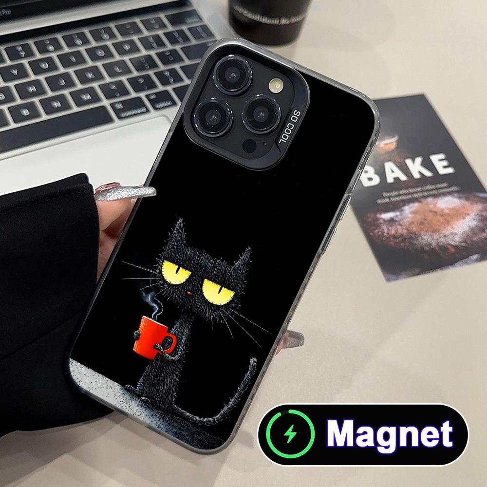 Cute Coffee Cat Translucent MagSafe Mobile Phone Case for iPhone 17 16 15 14 13 12 11 Air Pro Max Plus Colorful Cover
