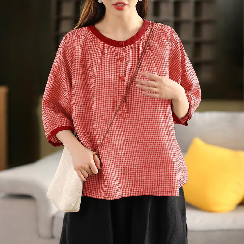 ZANZEA Women Casual Round Neck 3/4 Sleeve Grid Print Loose Blouse